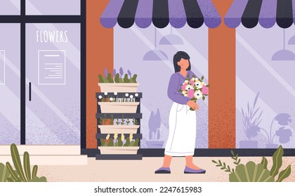 Flower shop concept. Woman stands with bouquet in front of glass shop window. Seller or small business owner. Romantic gift and present. Poster or banner for website. Cartoon flat vector illustration