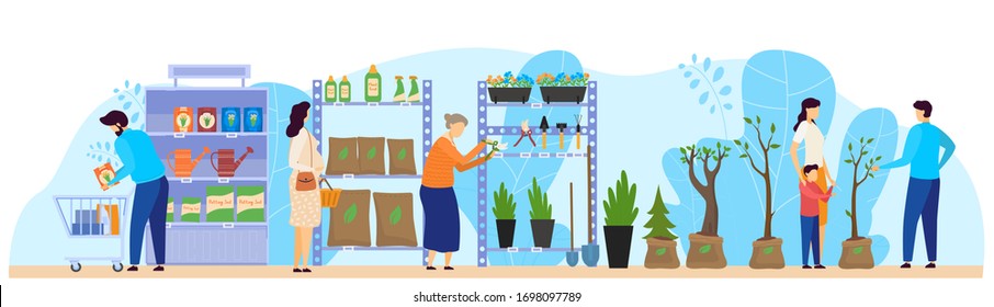 Flower shop customer, people choosing houseplants and gardening products in floral store, vector illustration. Man, pregnant woman, senior lady and mother with son buying plants and soil fertilizer