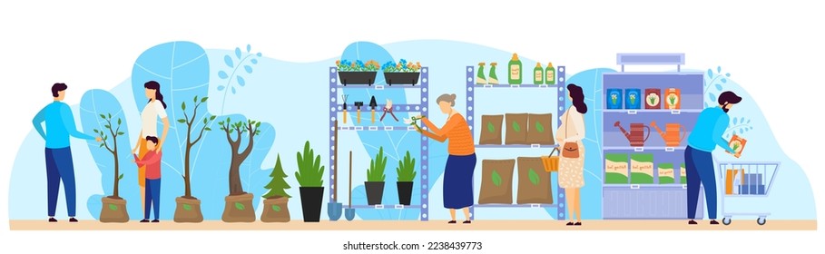 Flower shop customer, people choosing houseplants and gardening products in floral store, vector illustration