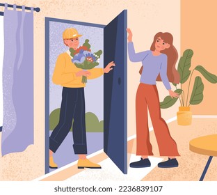 Flower shop delivery. Man brings bouquet to young girl, courier and client. Online shopping and home delivery, comfortable service. Poster or banner for website. Cartoon flat vector illustration