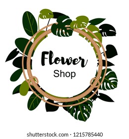 Flower shop design with rope frame. Vector illustration. Floral label.