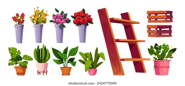 Flower shop design set isolated on white background. Vector cartoon illustration of wooden shelf and crates, bunches of color roses, lilies in metal bucket vases, green plants in pots, florist store