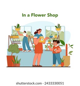 Flower shop discovery. Joyful young girl learning about diverse plant species, fertilizers and seeds in flower shop under guidance of friendly shopkeeper. Eco friendly hobby. Flat vector illustration