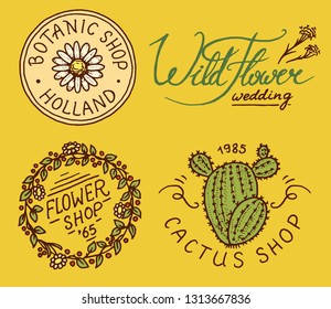 Flower shop emblems and Bright logo. Vintage bouquet. Gardening signs and beauty retro label. Hand drawn badges. Floral wedding templates.
