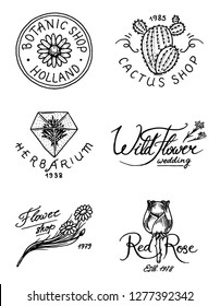 Flower shop emblems and logo. Vintage bouquet. Gardening signs and retro label. Hand drawn badges. Floral templates.