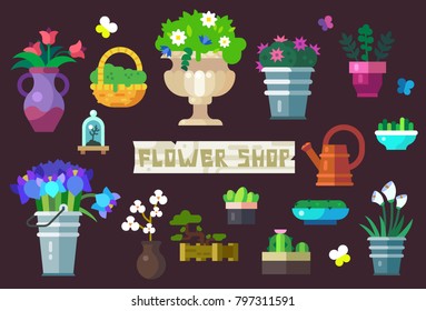 Flower Shop Equipment Isolated Objects Icon Set