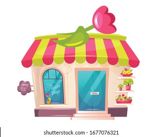 Flower shop exterior cartoon vector illustration. Florist place shopfront flat color object. Cute building with awning and tulip. Potted plant od display. Floral store isolated on white background