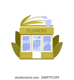 Flower shop exterior, green building with blue tulip decoration vector illustration