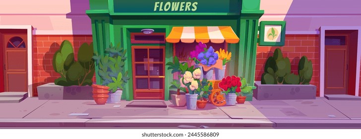 Fachada de floristería en la calle de la ciudad. Ilustración de dibujos animados de Vector frente de tienda florista con puerta y ventana de madera, macetas y ramos de colores en cubos, arbustos verdes en el pavimento, pared de ladrillo rojo