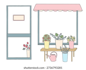 Flower shop facade with door and large window under awning, decorated with potted flowers and plants. Cozy florist storefront display with watering can and table. Vector illustration on white background.
