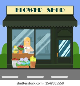 flower shop facade ,Female florist arranging flowers  in shop.cartoon character flat style,vector illustration