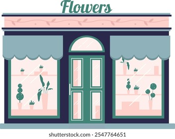 Fachada de la florería con plantas en macetas y flores exhibidas en ventanas, con una puerta verde y toldo, invitando a los Clientes a Explore las ofrendas florales