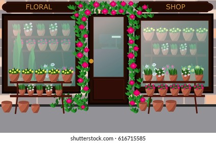 Flower shop facade. Vector. Flat style. Illustration of a flower shop with flowers outdoors and inside. 