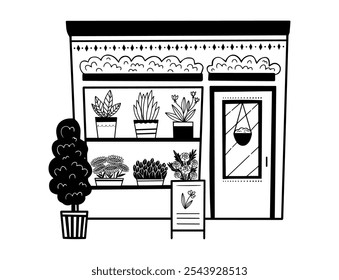 Flower shop facade Vector illustration delicate decor hand drawn. Vector illustration doodle style. Aesthetic line