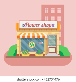 Flower shop facade. Vector illustration in flat style.