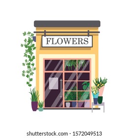 Flower shop flat color vector illustration. Botanical store building facade with signboard isolated on white background. Small kiosk with houseplants and beautiful bouquets at showcase.