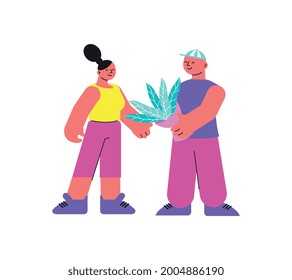 Flower shop flat icon with characters of customer and seller or courier vector illustration