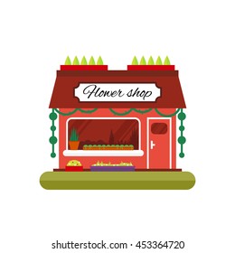 Flower shop in flat style - vector illustration stock. Infographic elements. Market icon with showcases isolated on white background. Store on the street.