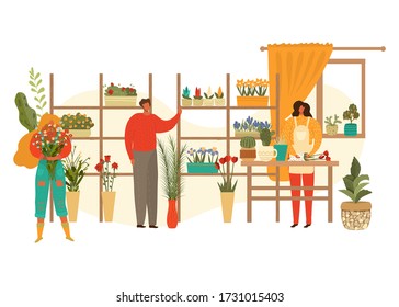 Flower shop florist female character with houseplants and potted flowers and customer woman with bouquet flat vector illustration. Floral store market business with flowerpots on shelves.