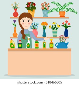 Flower shop florist or female salesperson with houseplants and potted flowers and fertilizers. EPS10 vector illustration in flat style.