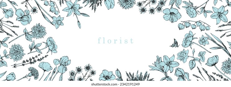 Flower Shop. Florist. Hand-drawn illustration of flowers and objects. Ink. Vector