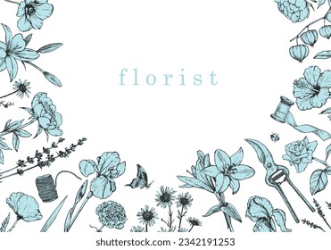 Flower Shop. Florist. Hand-drawn illustration of flowers and objects. Ink. Vector