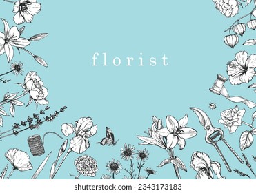 Flower Shop. Florist. Hand-drawn illustration of flowers and objects. Ink. Vector