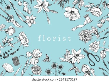 Flower Shop. Florist. Hand-drawn illustration of flowers and objects. Ink. Vector