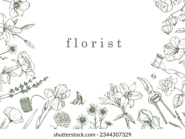 Flower Shop. Florist. Hand-drawn illustration of flowers and objects. Ink. Vector