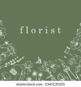 Flower Shop. Florist. Hand-drawn illustration of flowers and objects. Ink. Vector