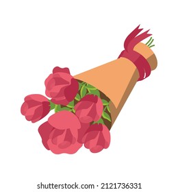 Flower shop florist icons isometric composition with isolated image of red rose flowers bunch rolled in paper vector illustration