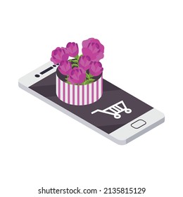 Flower shop florist icons isometric composition with isolated image of smartphone with gift box vector illustration