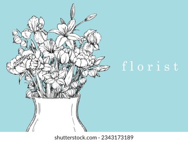 Flower Shop. Florist. Vase of Flowers. Hand-drawn illustration of flowers and objects. Ink. Vector