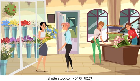 Tienda de flores, ilustración vectorial plana de floristería. Almacenar clientes y empleados personajes de dibujos animados. Venta de plantas decorativas. Asesora del vendedor ayuda a la mujer. Buquete florista femenino