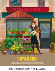 Flower shop with flowers collection and shop assistant symbols flat vector illustration