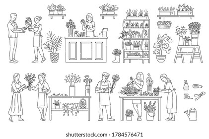 Flower shop - flowers and plants in pots, bouquets for holidays and anniversaries. Florists sell plants and bouquets making flower compositions. Vector sketch illustrations.