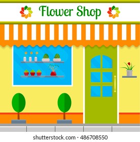 Flower shop front or facade in flat style. Small business flower salon building with window display.