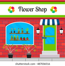 Flower shop front or facade in flat style. Small business flower salon building with window display.