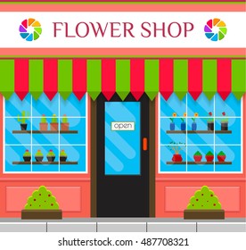 Flower shop front or facade in flat style. Small business flower salon building with window display.