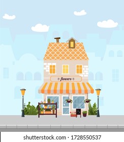 Flower shop, front facade with garden pots, bouquets, flowers and logo. Vector illustration on cityscape background. Store icon. Urban landscape, street, house in European city. Vector illustration
