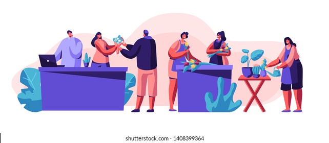 Flower Shop. Girls Caring of Plants in Pots, Making Design Compositions, Customers Visiting Store for Choosing and Buying Flower Bouquets, Florist Profession, Job. Cartoon Flat Vector Illustration