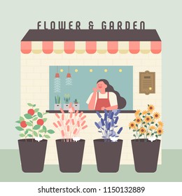 flower shop happy staff and plant pots. flat design style vector graphic illustration set