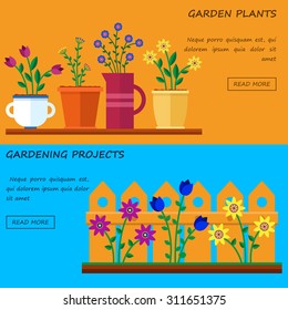 Flower shop. Hello spring and summer. Vector flat illustrations, icons and sprites for game. Banner for garden work and gardening projects.