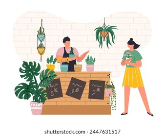 Flower shop for home interior and holiday. Vector of boutique with houseplant, colorful small fresh gift, element for sale, cartoon store bouquet illustration