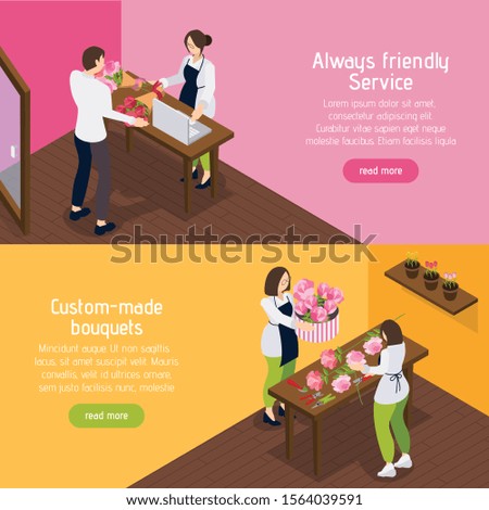 Flower shop horizontal banners with custom made bouquets and friendly service isometric backgrounds vector illustration