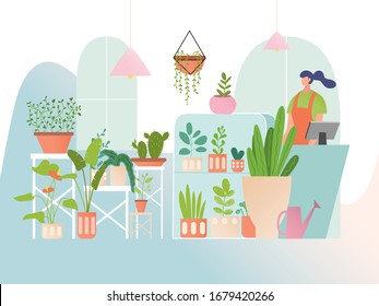 Flower shop with houseplants, woman seller in floral store, greenery collection in flat style, vector illustration. Many different flowerpots, decorative plants, cactus and succulent in flower store