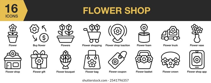 Flower Shop icon set. Includes buy flower, bag, bouquet, basket, coupon, crown, and More. Outline icons vector collection.