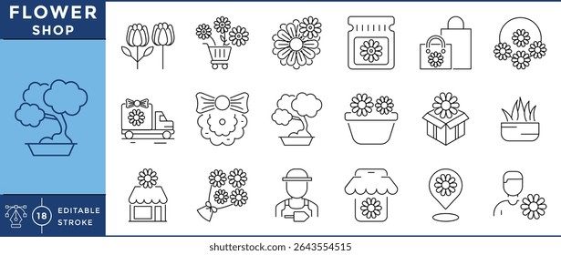 Flower shop icons set. 18 line icons. Vector editable stroke. Flower, sell, deliver, truck, online, plant, bonsai, gardener.