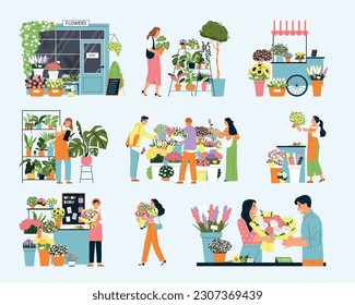 Flower shop icons set with blossom symbols flat isolated vector illustration