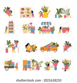 Flower shop icons set with delivery symbols flat isolated vector illustration